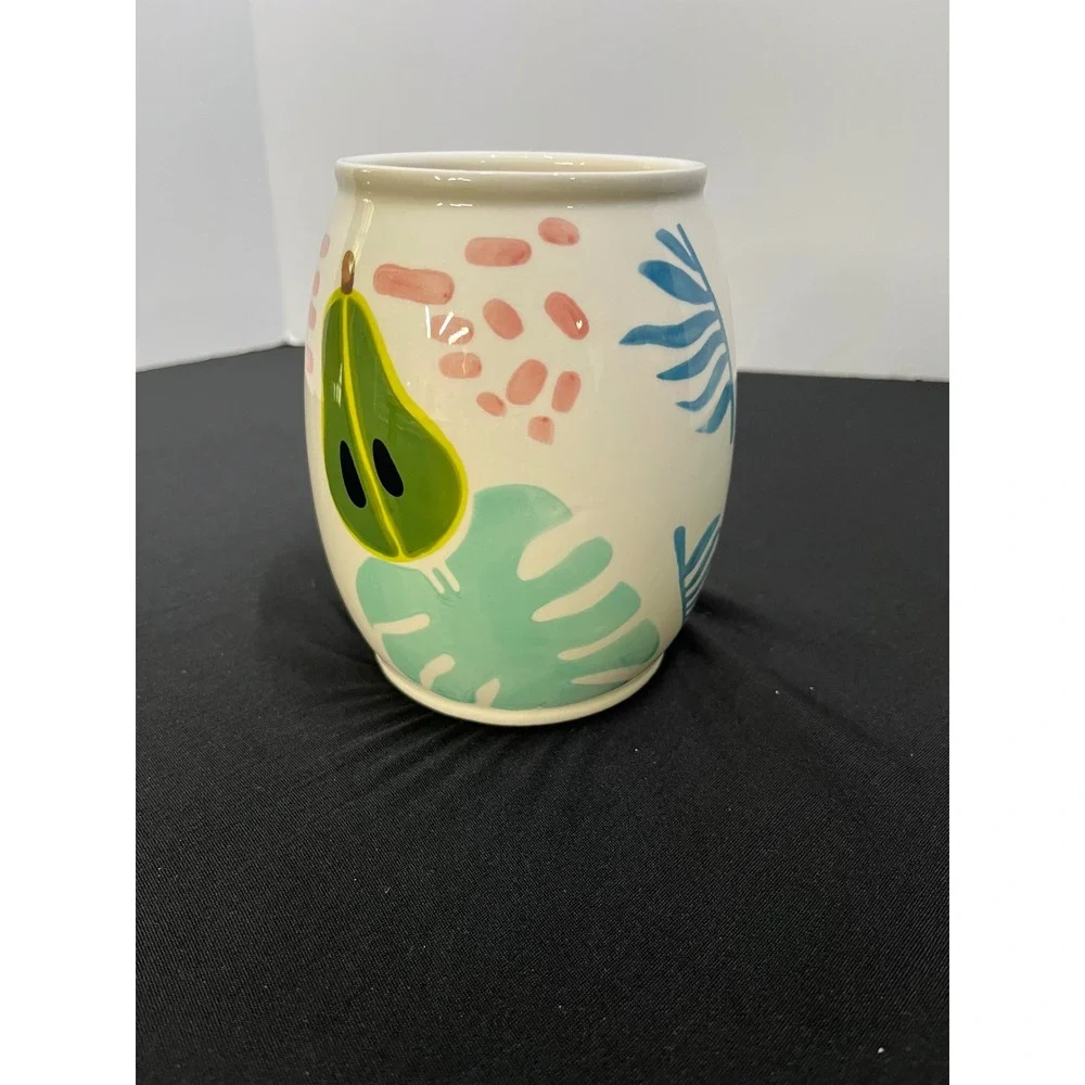 Vintage Inspired Hand Painted Ceramic Fruit Vase Whimsical Pear Motif Green